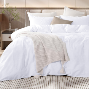 Bright white twin bed cover set styled for aesthetic hospitality interior