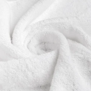 White 12"x12" washcloth swirled to show the absorbent cotton-blend loops and consistent pile texture
