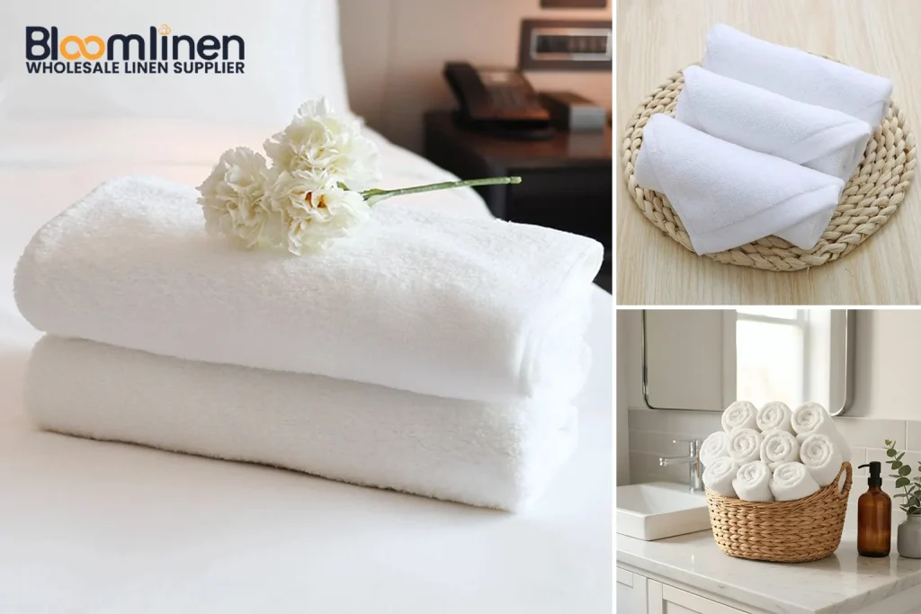 Three white hotel towels neatly rolled and folded using professional housekeeping methods.
