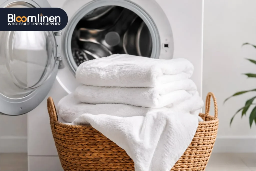 A stack of fresh, fluffy white hotel towels neatly folded on a surface