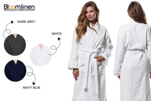 Kimono Style Bathrobes available in charcoal grey, navy blue, & white