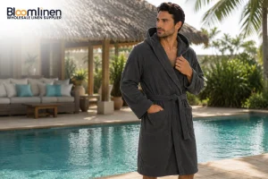 Men wearing Hoodeed Bathrobe in a resort setting
